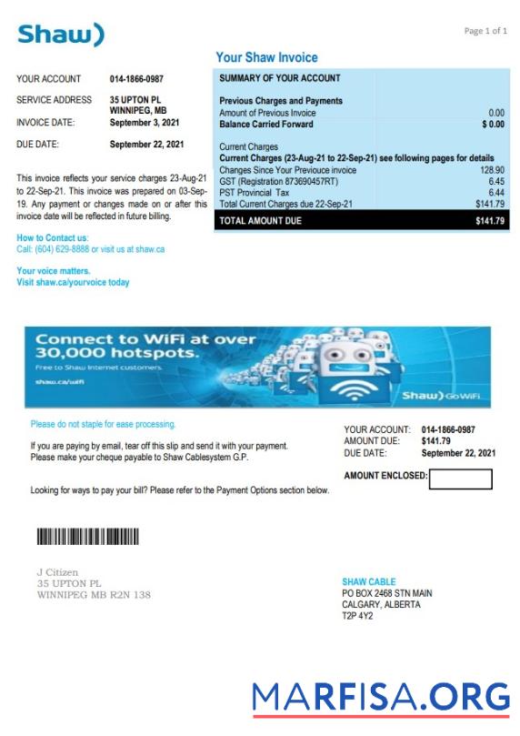 Realistic Canada Shaw utility bill template